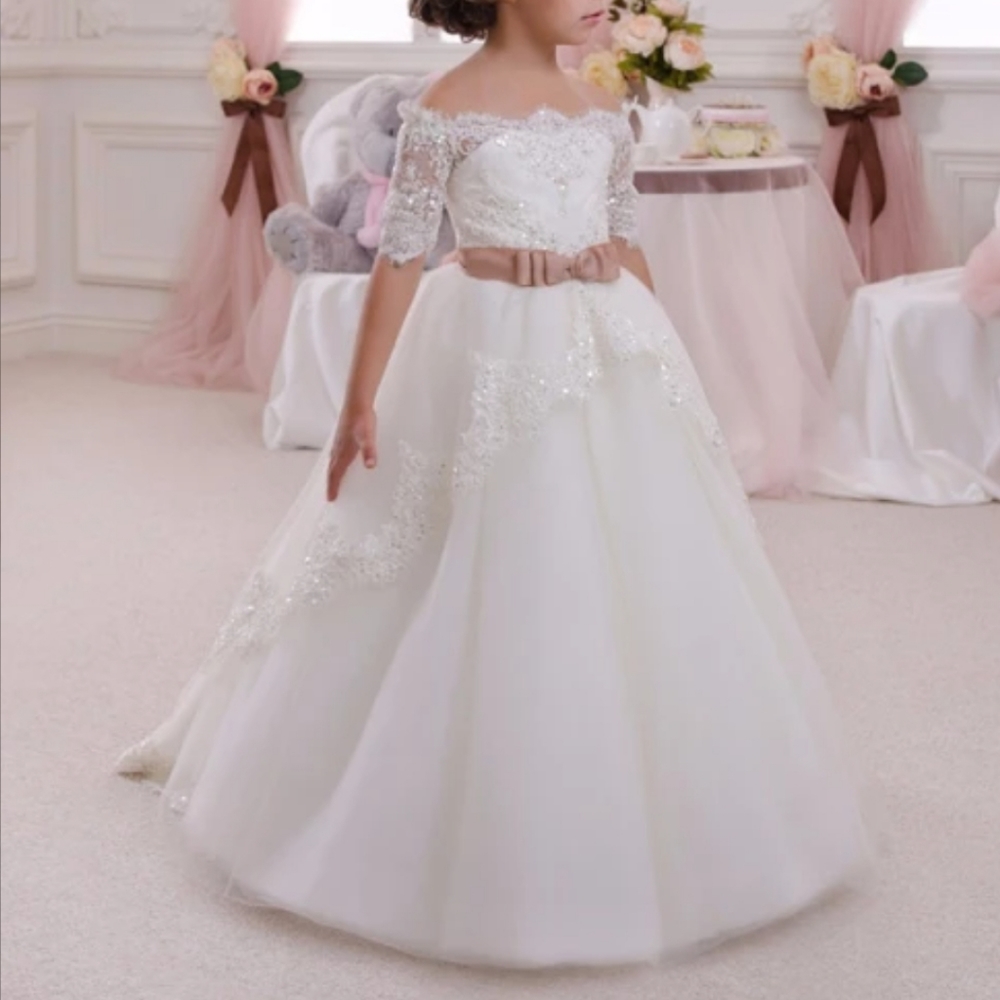 Elegant Flower Girl Lace Beading First Communion Dress Kids Lace Ball Gown Dress